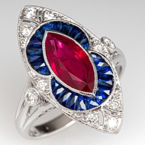 Ruby, Blue Sapphire & Diamond Ring 18K White Gold
