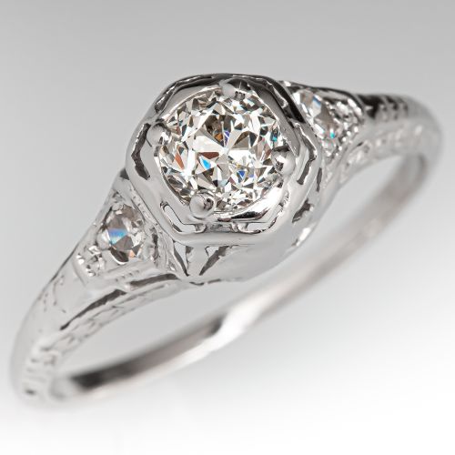 1920's Engraved Diamond Engagement Ring w/ Accents Platinum .50ct L/SI1