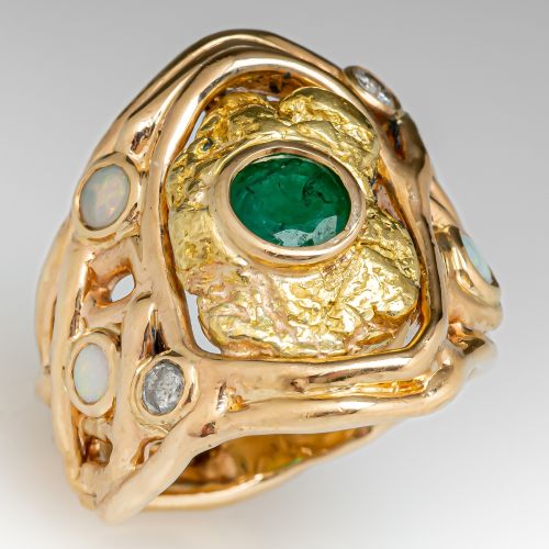 Emerald, Opal & Diamond Freeform Style Ring 14K Yellow Gold