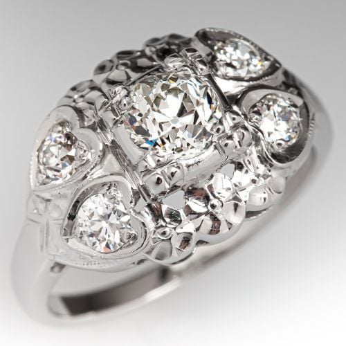 1940's Diamond Engagement Ring w/ Engraved Details 14K White Gold