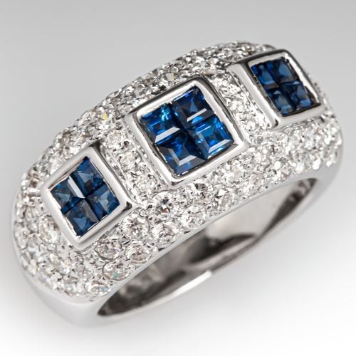 Blue Sapphire & Diamond Wide Band Ring 18K White Gold