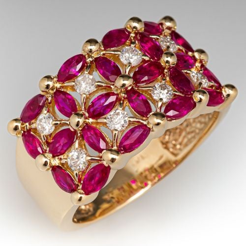 Marquise Cut Ruby & Diamond Ring 14K Yellow Gold