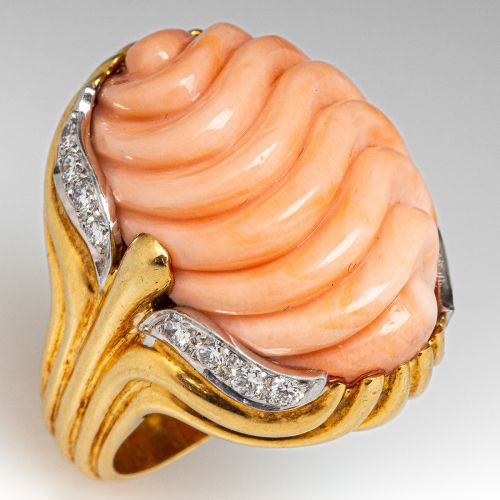Vintage Carved "Angel Skin" Coral Ring w/ Diamonds 18K Yellow Gold