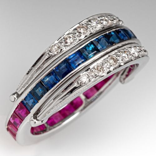 Ruby, Sapphire & Diamond Flipper Ring 18K White Gold