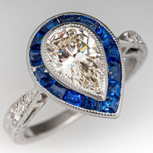 Pear Cut Diamond Engagement Ring w/ Blue Halo 1.01ct J/VS2 GIA