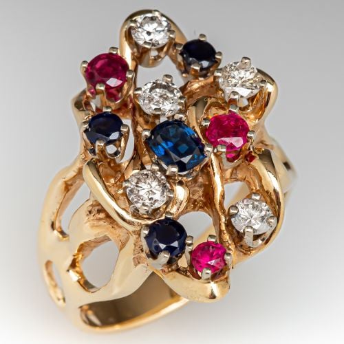 Blue Sapphire, Ruby & Diamond Cocktail Ring 14K Yellow Gold