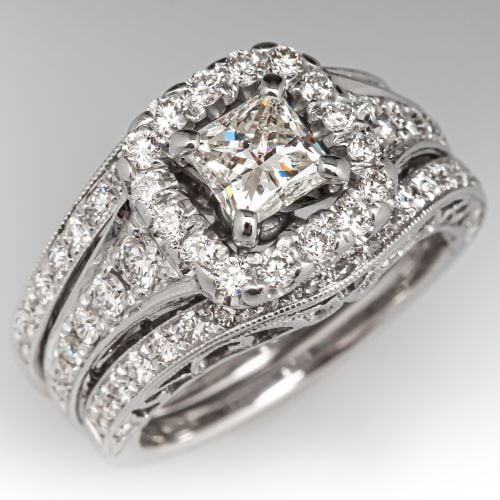 Three Ring Princess Cut Diamond Engagement Ring Wedding Set .74ct H/SI2