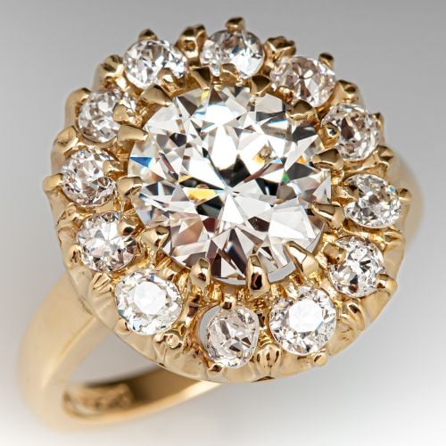 Old Euro Diamond Halo Engagement Ring 14K Yellow Gold 2.34ct I/SI2