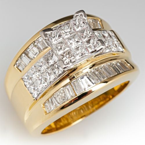 Invisible Set Princess Cut Diamond Cluster Ring 18K Yellow Gold
