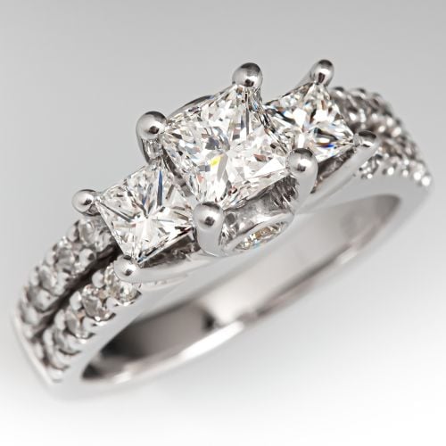 Three Stone Princess Cut Diamond Engagement Ring 14K White Gold