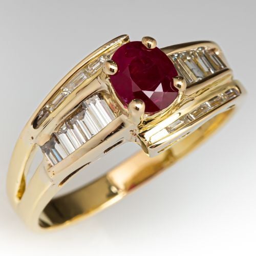 Oval Cut Ruby & Baguette Cut Diamond Engagement Ring 18K Yellow Gold 