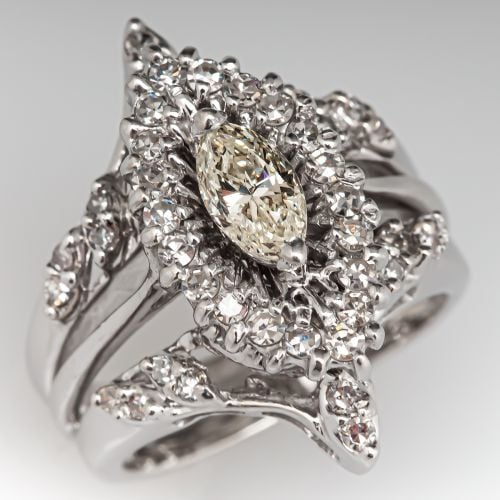 Vintage Marquise Diamond Three Ring Fused Wedding Set 14K White Gold