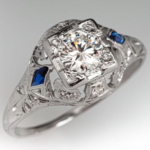 Circa 1930's Diamond Engagement Ring w/ Accents Platinum .55ct H/VS1