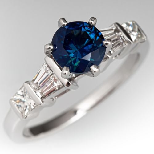 Blue Sapphire & Diamond Engagement Ring 18K White Gold