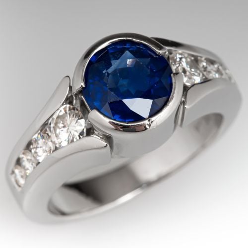 Bezel Set Blue Sapphire & Diamond Ring Platinum