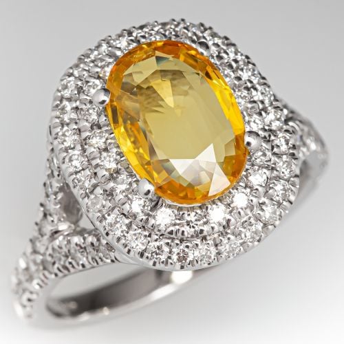 Yellow Sapphire & Diamond Halo Engagement Ring 14K White Gold