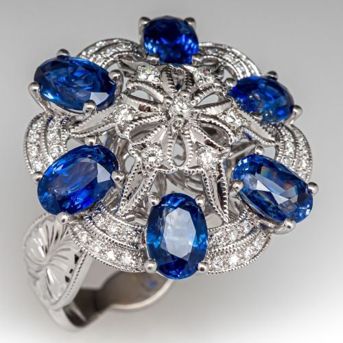 Floral Design Blue Sapphire & Diamond Ring 18K White Gold