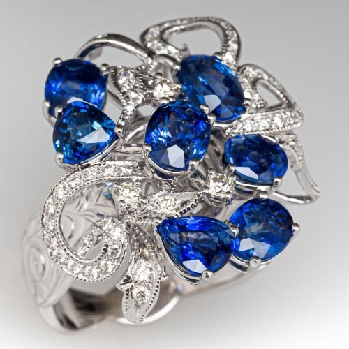 Blue Sapphire & Diamond Cluster Cocktail Ring 18K White Gold