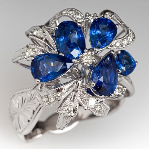 Blue Sapphire & Diamond Cocktail Ring 18K White Gold
