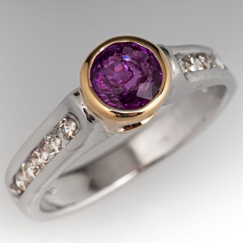 Bezel Set Ruby Engagement Ring w/ Diamond Accents 14K Two Tone Gold