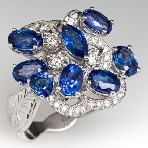 Blue Sapphire & Diamond Cocktail Ring 18K White Gold