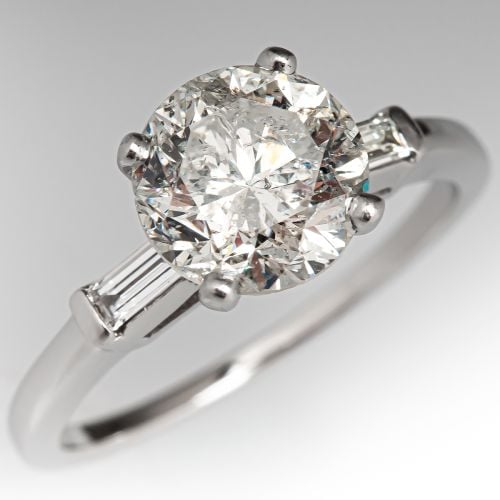 Vintage 2 Carat Diamond Engagement Ring w/ Baguette Accents Platinum 2.01ct H/I2