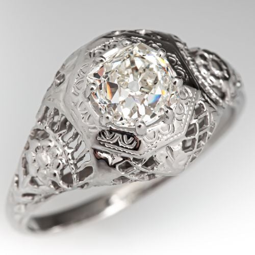Old Mine Cut Diamond Vintage Engagement Ring w/ Floral Details 1.05ct I/I1 GIA