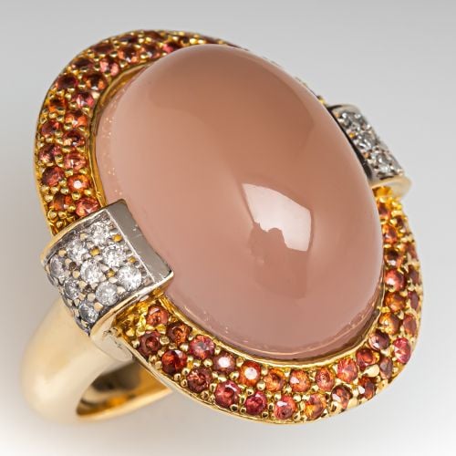 Rose Quartz, Diamond & Orange Sapphire Cocktail Ring 14K Yellow Gold
