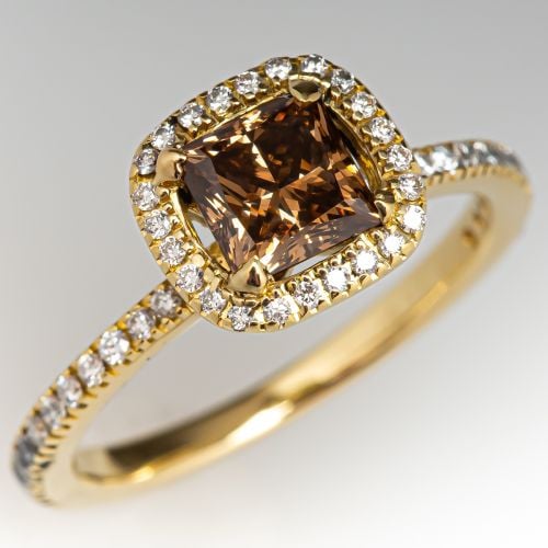 Fancy Brown Diamond Engagement Ring w/ Halo 14K Yellow Gold .71ct VS1