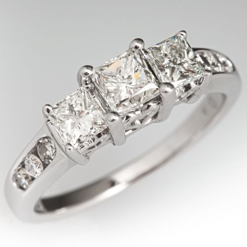 Three Stone Princess Cut Diamond Engagement Ring 14K White Gold .58ct H/I1