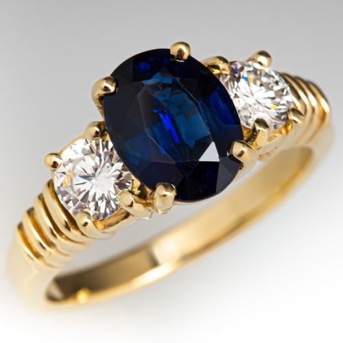 Blue Sapphire & Diamond Engagement Ring 18K Yellow Gold