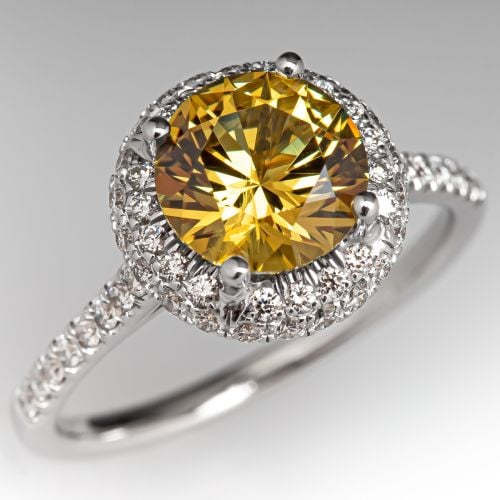 Yellow Sapphire & Diamond Halo Engagement Ring 18K White Gold