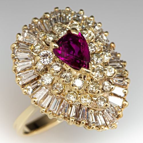 Vintage Pear Cut Ruby & Diamond Cocktail Ring 14K Yellow Gold