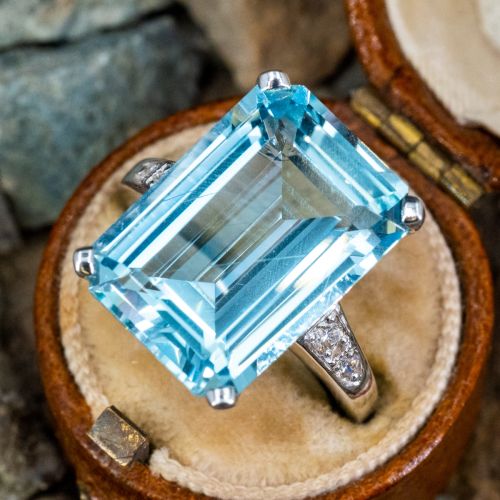 Vintage Aquamarine Cocktail Ring w/ Diamond Accents 18K Gold GIA
