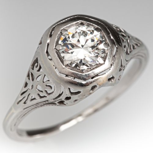 1930's Transitional Cut Diamond Engagement Ring 18K White Gold .36ct F/VS2