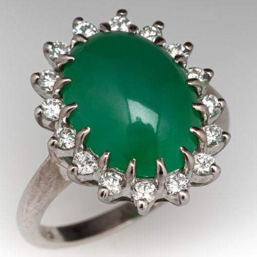 Vintage Jadeite Jade & Diamond Cocktail Ring 14K White Gold