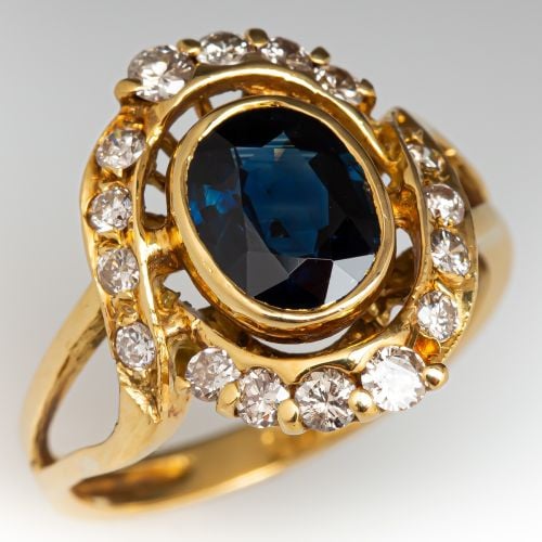 Vintage Blue Sapphire & Diamond Ring 18K Yellow Gold