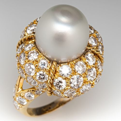14mm South Sea Pearl & Diamond Cocktail Ring 14K Yellow Gold