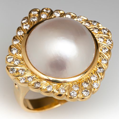 Vintage Mabe Pearl & Diamond Cocktail Ring 18K Yellow Gold