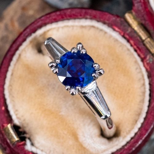 Blue Sapphire Engagement Ring w/ Baguette Accents Platinum