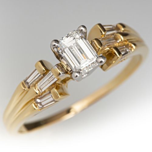 Emerald Cut Diamond Engagement Ring w/ Accents 18K Yellow Gold .48ct E/VVS2