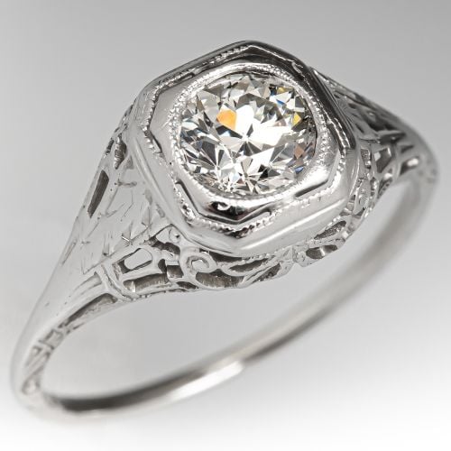 1930's Antique Old Euro Diamond Engagement Ring Platinum .47ct H/SI2 GIA