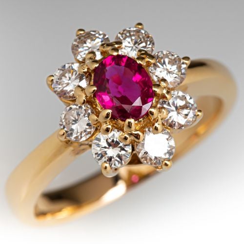 Ruby & Diamond Halo Ring 18K Yellow Gold