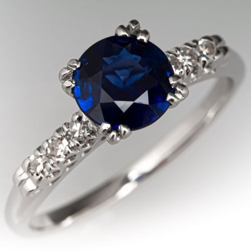 Strong Blue Unheated Round Sapphire Ring w/ Baguette Diamond Accents