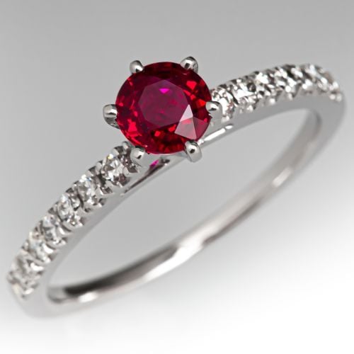 Round Cut Ruby Ring w/ Diamond Accents 14K White Gold