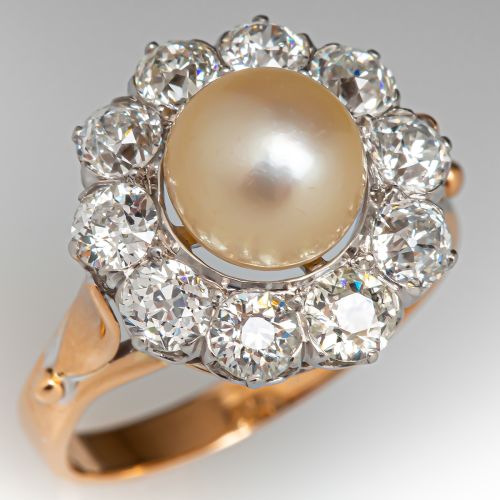 GIA Natural Pearl Victorian Ring w/ Old Euro Diamonds in Platinum
