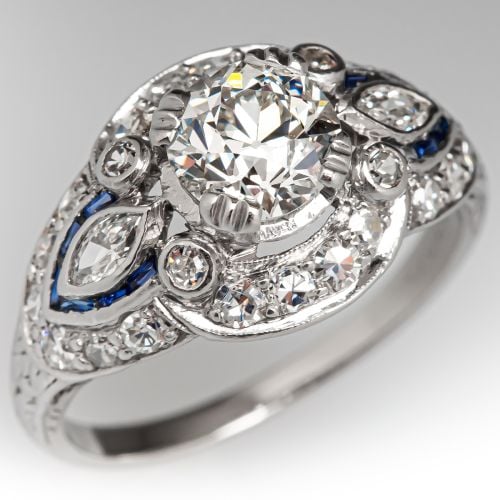 1920's Old European Cut Diamond Engagement Ring w/ Sapphire Accents .83ct H/VS1 GIA