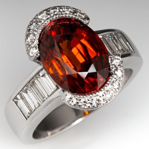 Reddish-Orange Zircon & Diamond Ring 18K White Gold