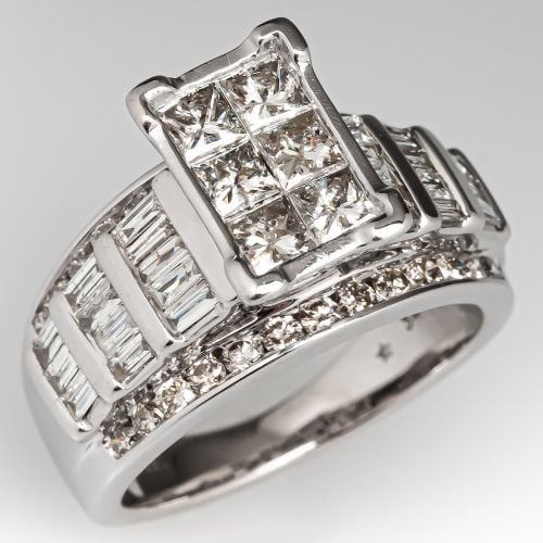 Cluster Diamond Engagement Ring 14K White Gold