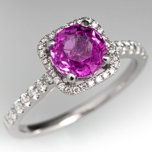 Pink Sapphire Engagement Ring w/ Diamond Halo 18K White Gold